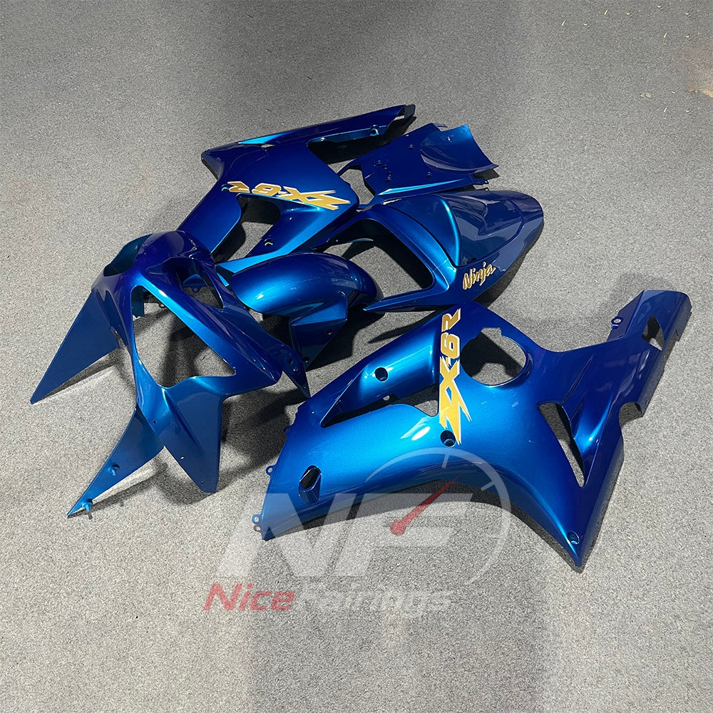 Kawasaki ZX6R 2003-2004 Deep blue panels with gold graphics - angled view