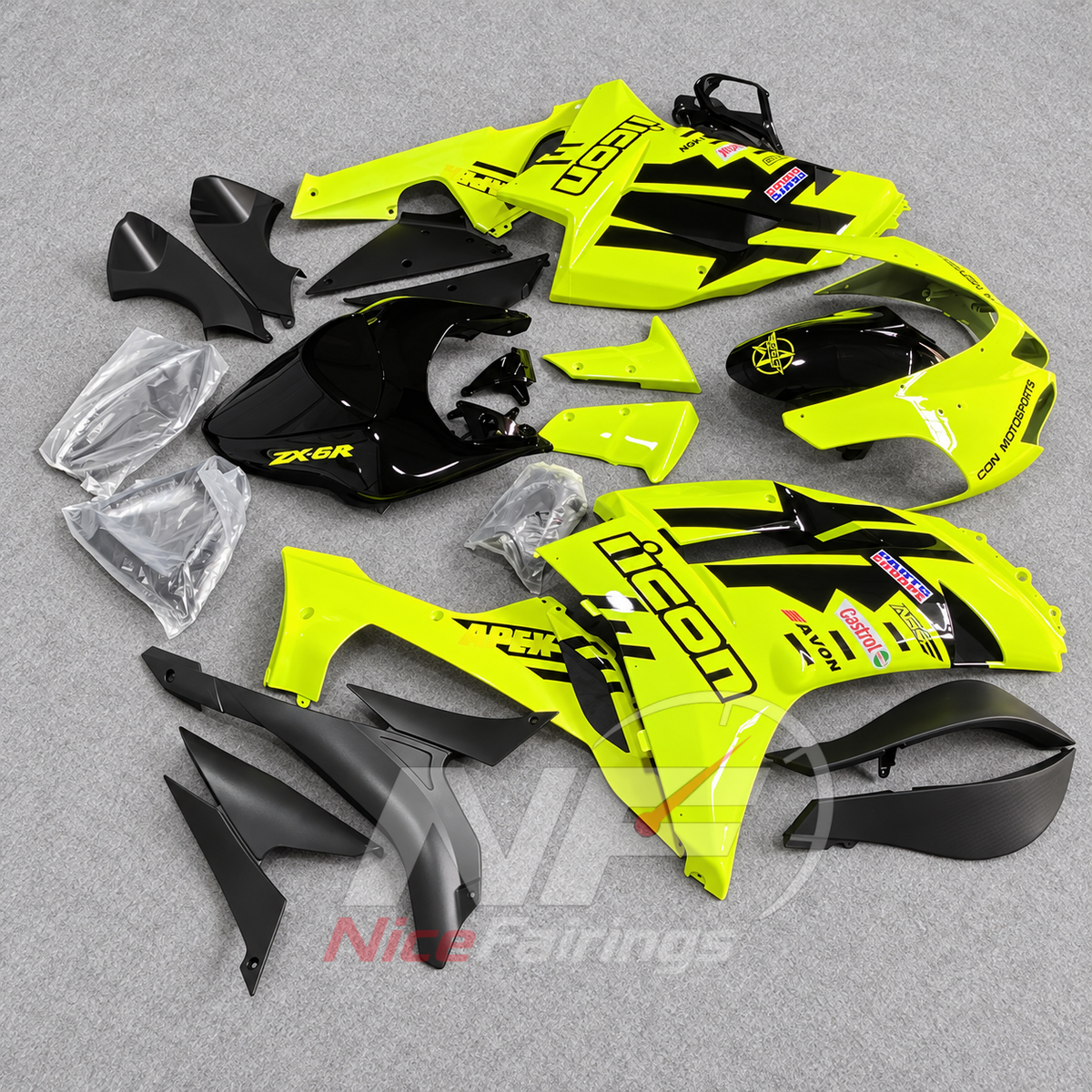 Kawasaki ZX6R 2007-2008 Yellow-black lettered layout - angled view