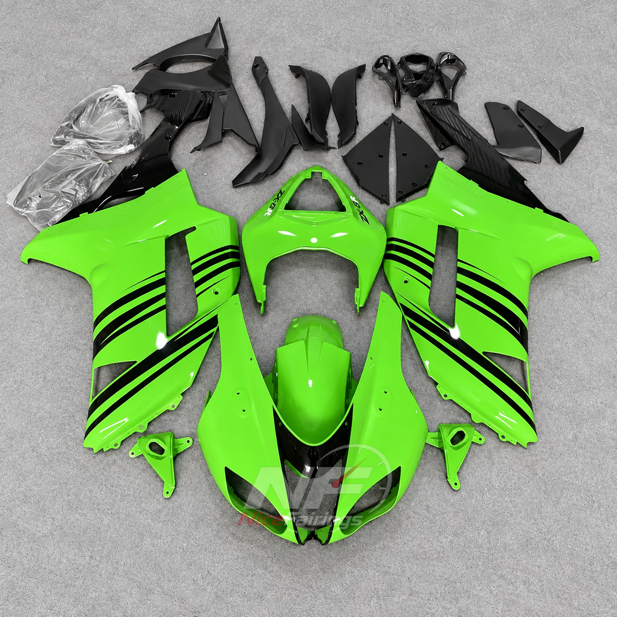 Kawasaki ZX6R 2007-2008 Green banded panels - front view