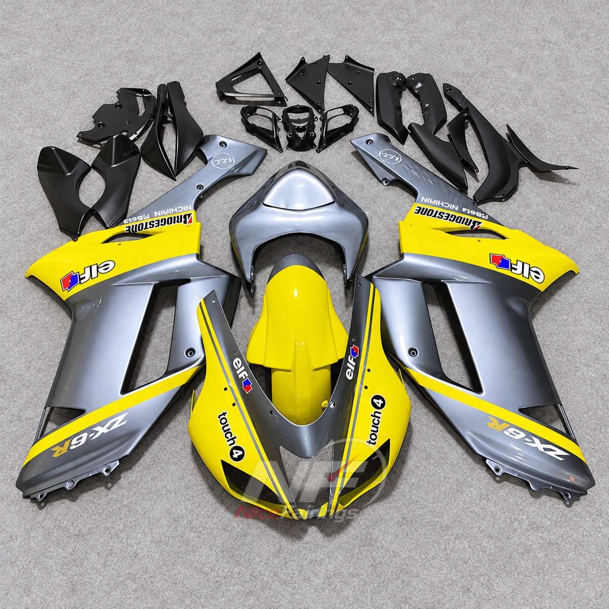 Kawasaki ZX6R 2007-2008 Gray-yellow printed panels - front view