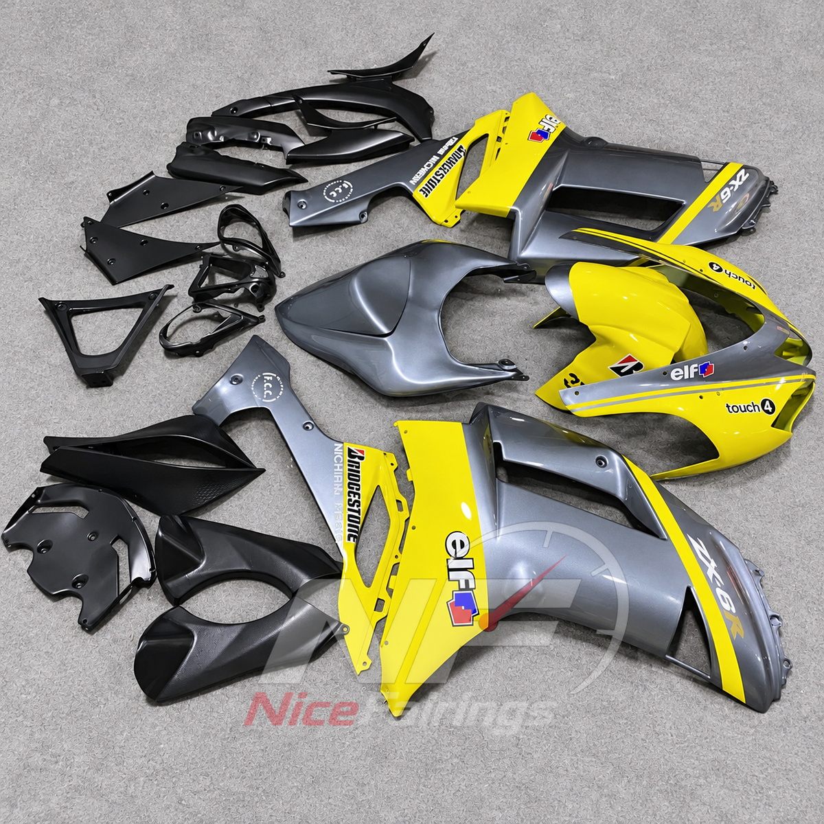 Kawasaki ZX6R 2007-2008 Gray-yellow printed panels - angled view
