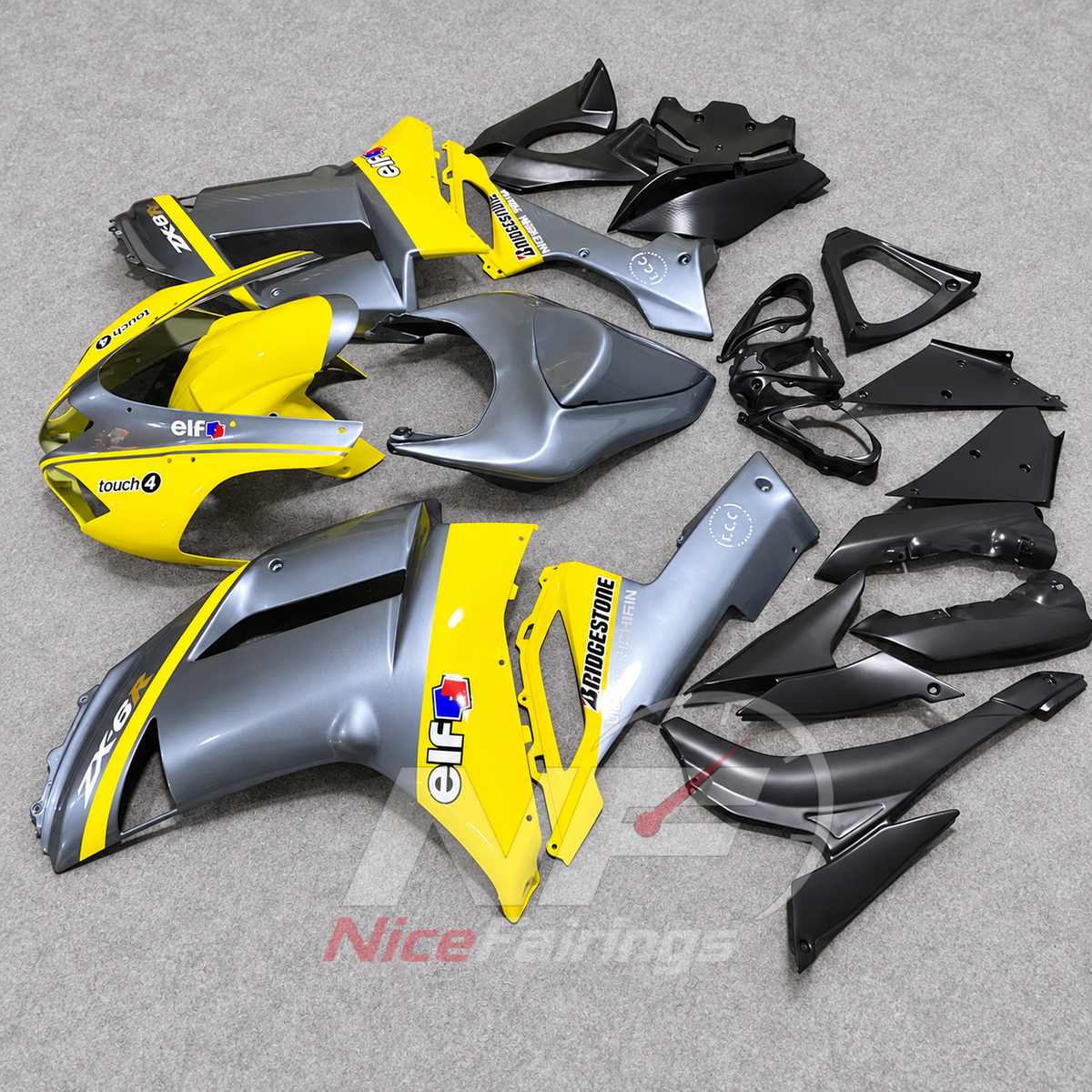 Kawasaki ZX6R 2007-2008 Gray-yellow printed panels - angled view