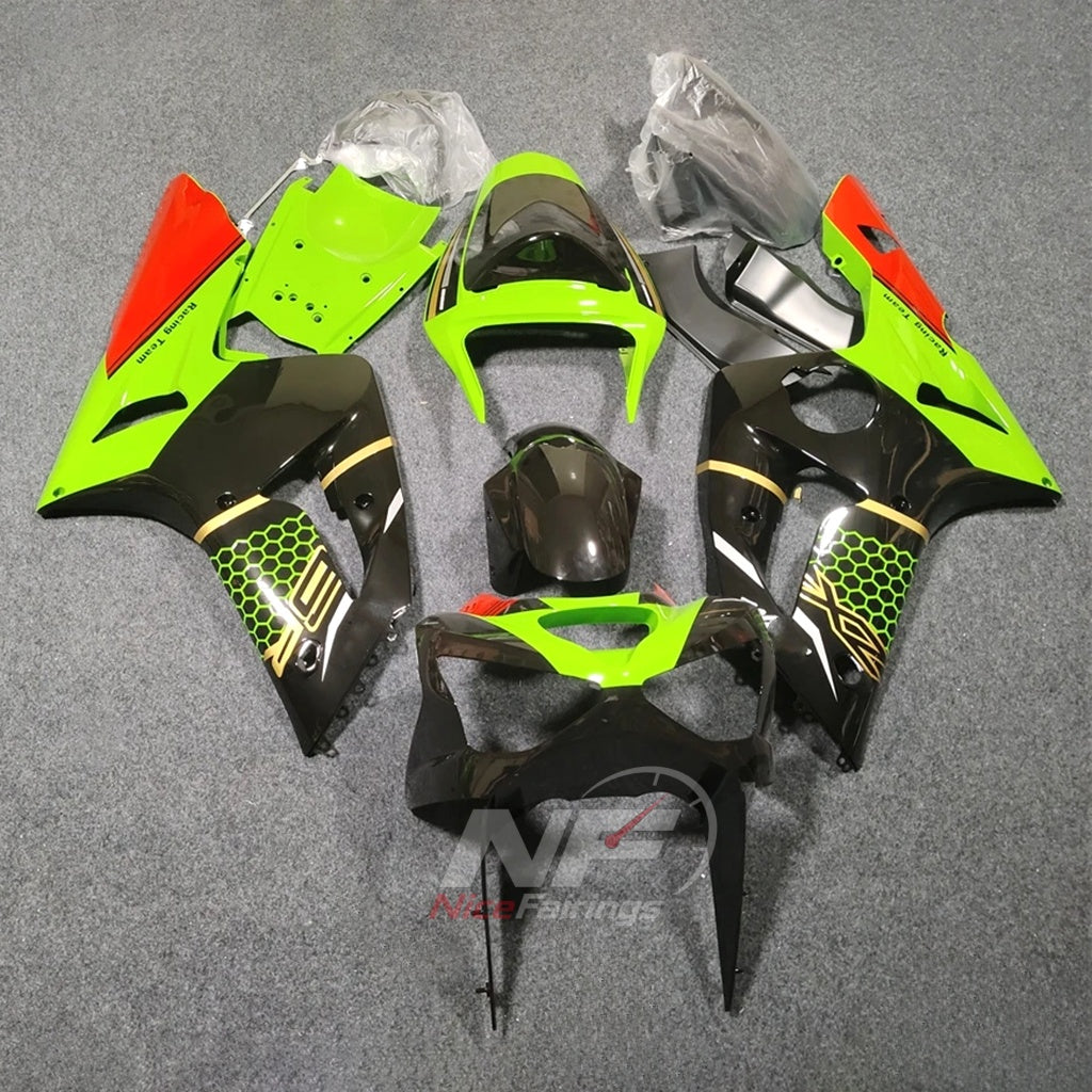 Kawasaki ZX6R 2003-2004 Lime, black and orange racing graphics - front view