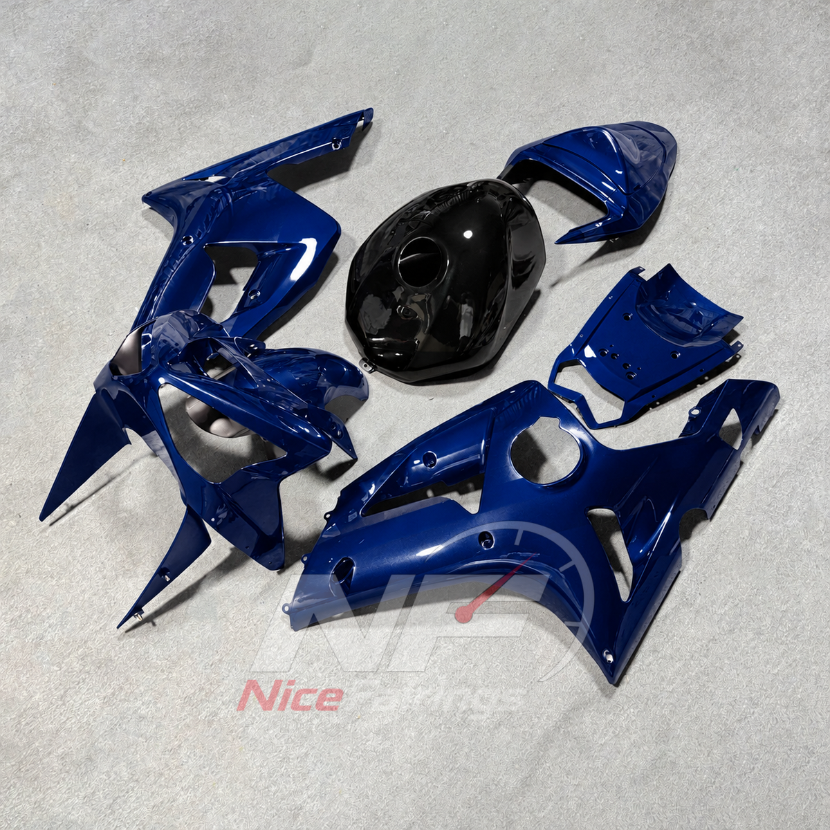 Kawasaki ZX6R 2003-2004 Deep blue fairings with black tank cover - angled view