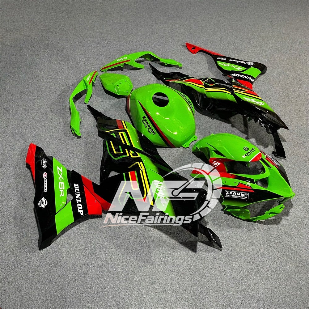 For Kawasaki ZX6R 636 2024-2025 ABS Fairing Kit Green Black Tank Cover | NiceFairings - front angle image
