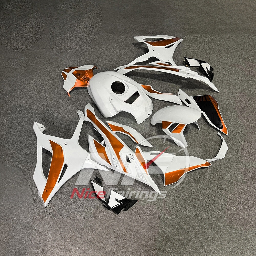 For BMW S1000RR 2023-2024 Orange Black Sportbike Fairing Set with Custom Painted Plastics | NiceFairings - front angle image