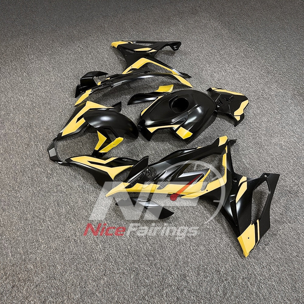 For BMW S1000RR 2023-2024 Yellow Black Custom Fairings with ABS Sportbike Plastics and Full Body Kit | NiceFairings - front angle image