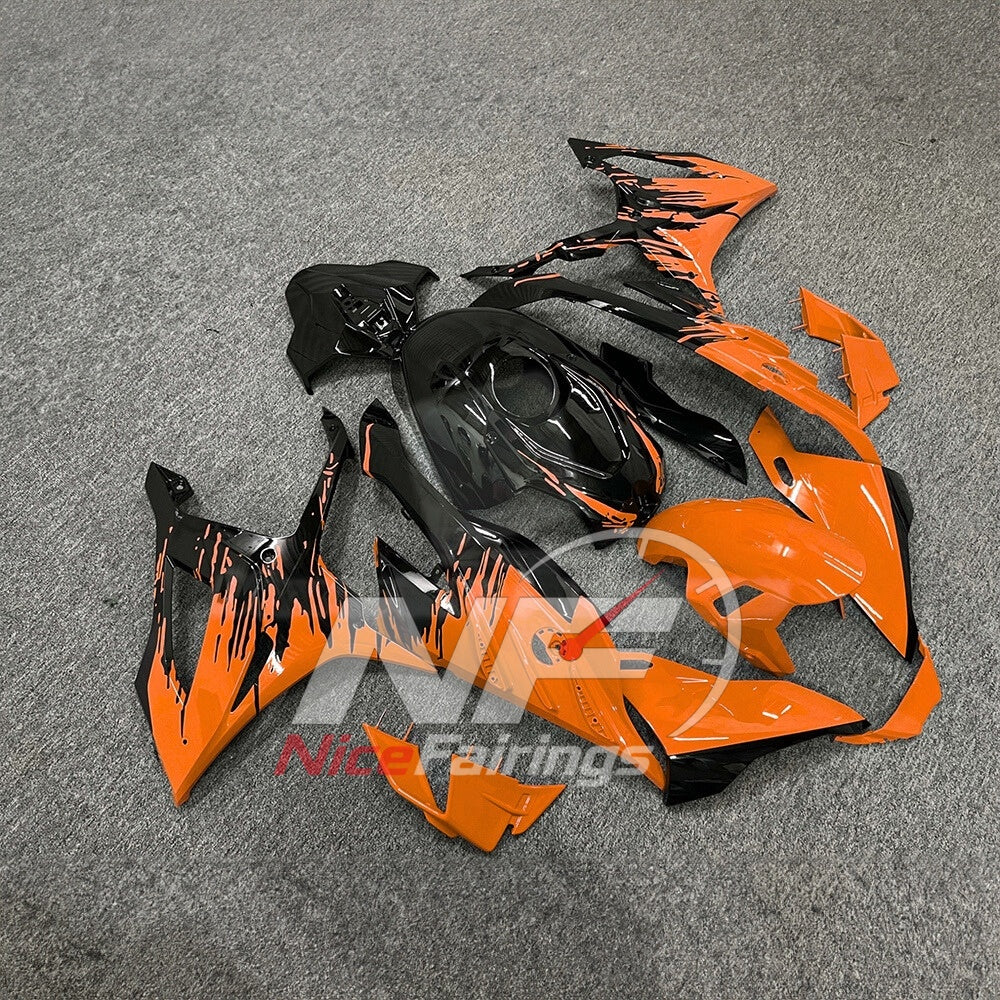 For BMW S1000RR 2023-2024 Orange Black Sportbike Fairing Set with Custom Painted Plastics | NiceFairings - side angle image