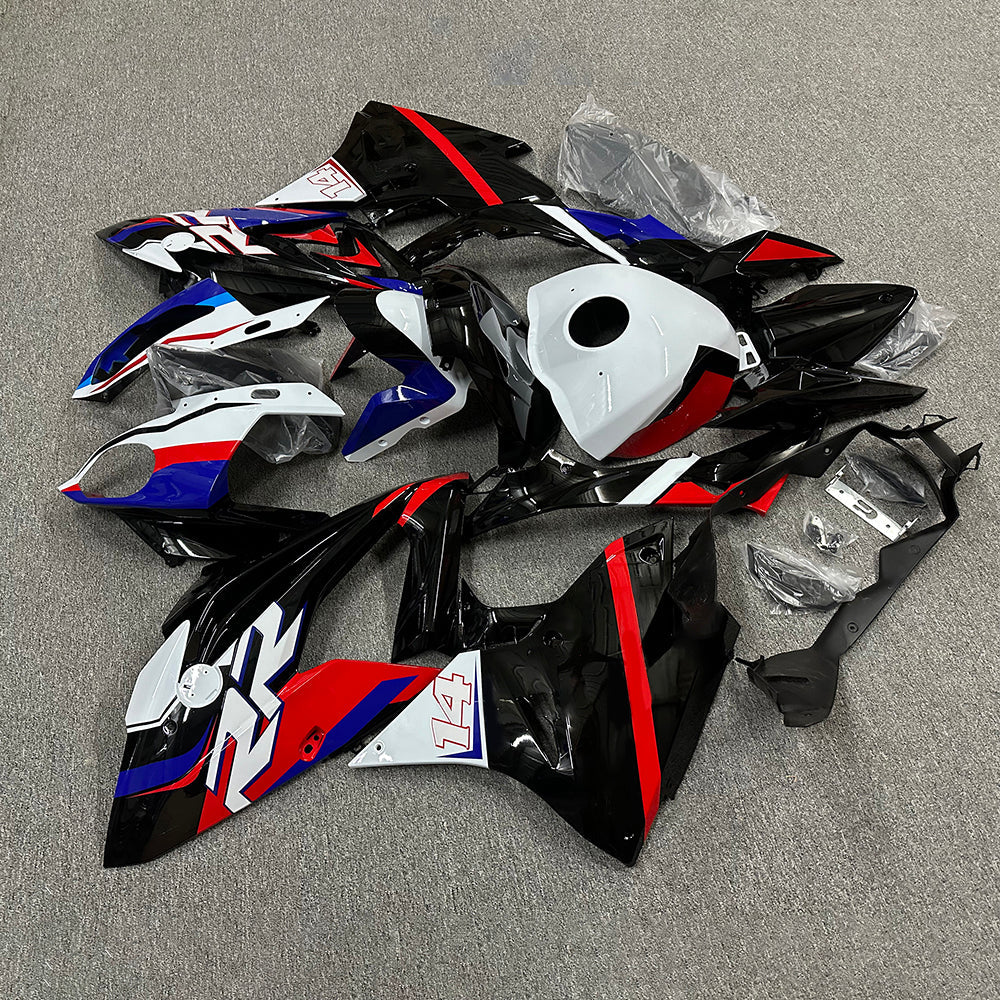 For BMW S1000RR 2017-2018 Blue White Tank Cover Edition ABS Fairing Kit, Custom Painted Motorcycle Bodywork | NiceFairings - side angle image