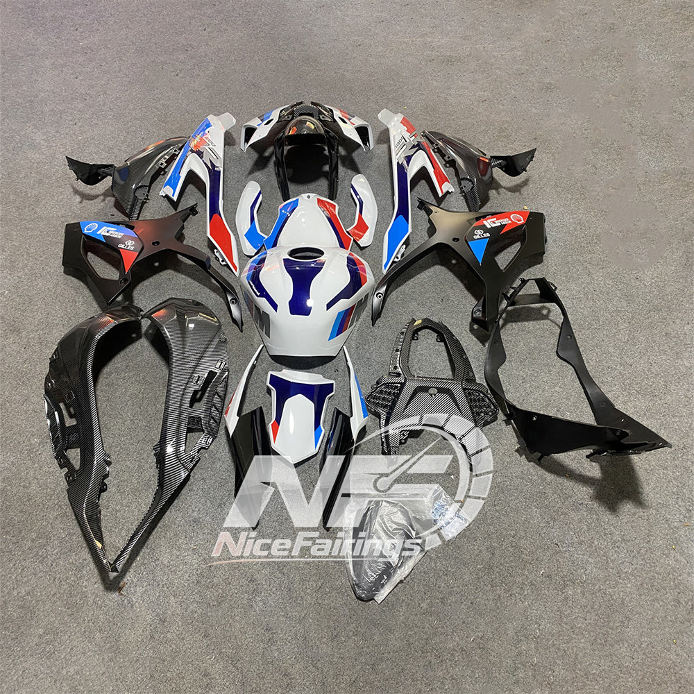 For BMW S1000RR 2019-2022 Blue White Premium Edition ABS Fairing Kit, Custom Painted Motorcycle Bodywork | NiceFairings - side angle image