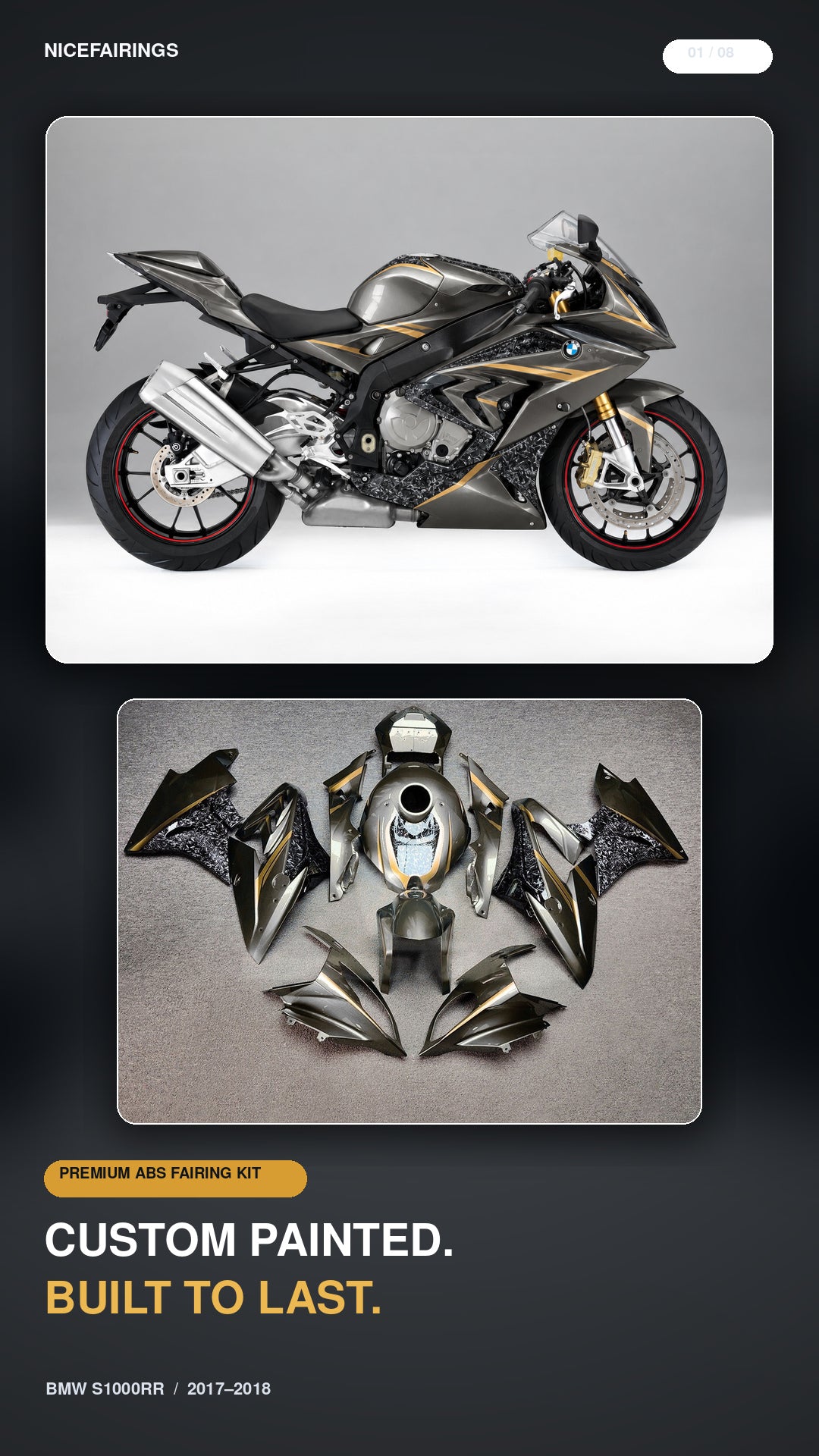 NiceFairings gunmetal and gold BMW S1000RR design presentation showing bike and laid-out panels