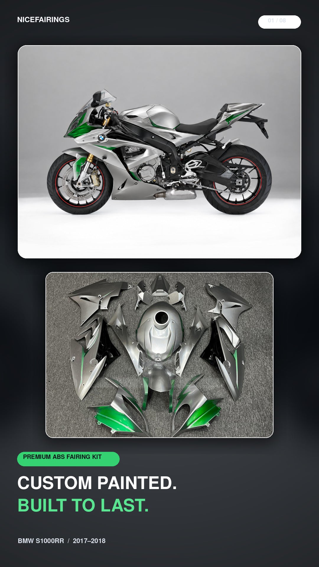 NiceFairings AB013 BMW S1000RR silver graphite and green design presentation
