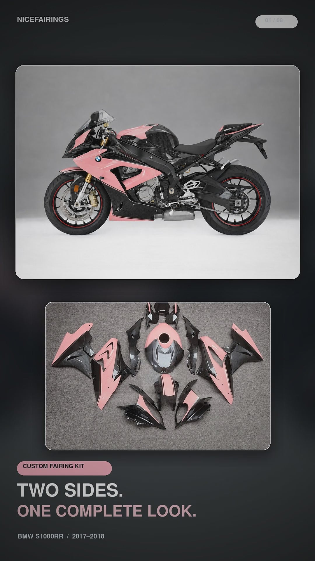 NiceFairings AC023 BMW S1000RR pink black and grey design presentation