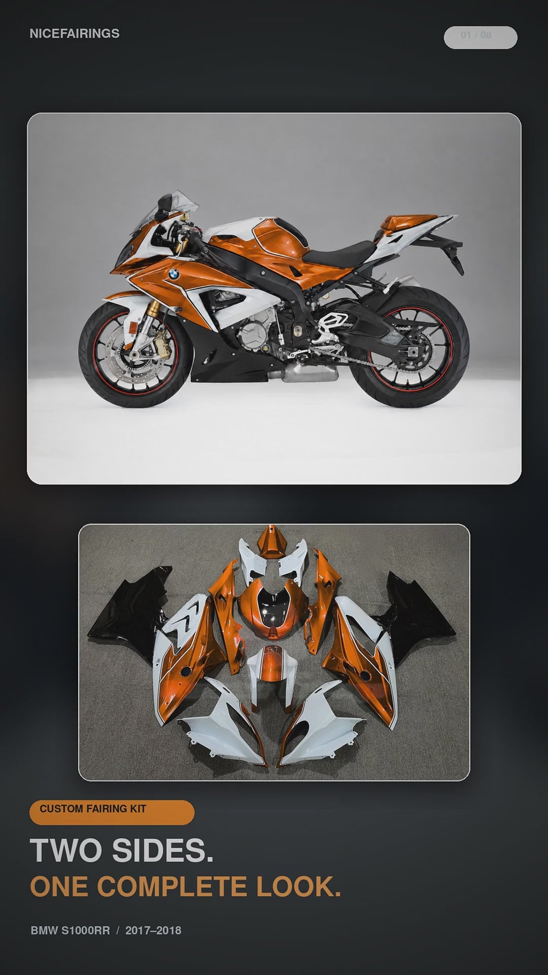 NiceFairings AB036 BMW S1000RR orange white and black design presentation