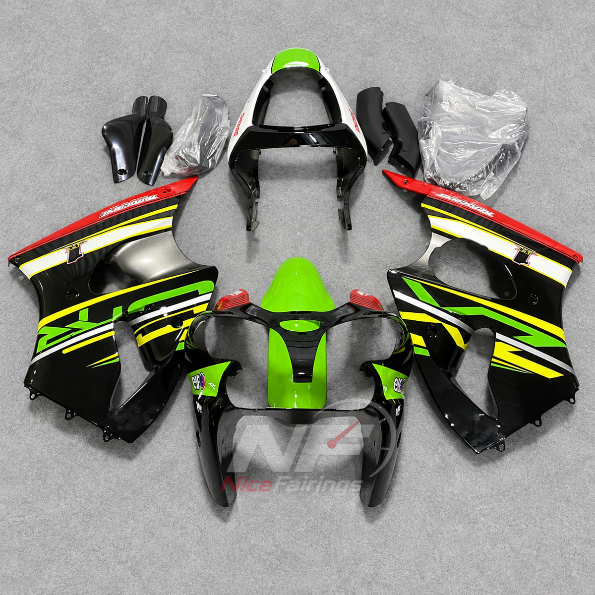 Kawasaki ZX6R 2000-2002 Black green yellow line graphic - front view