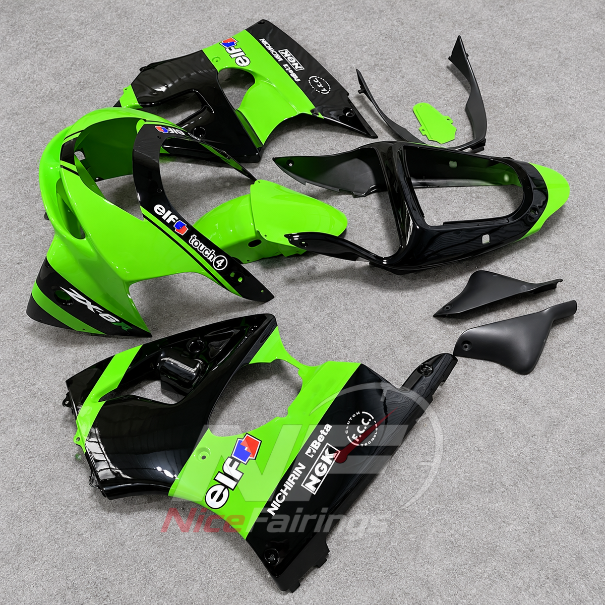 Kawasaki ZX6R 2000-2002 Lime green black line graphic - angled view