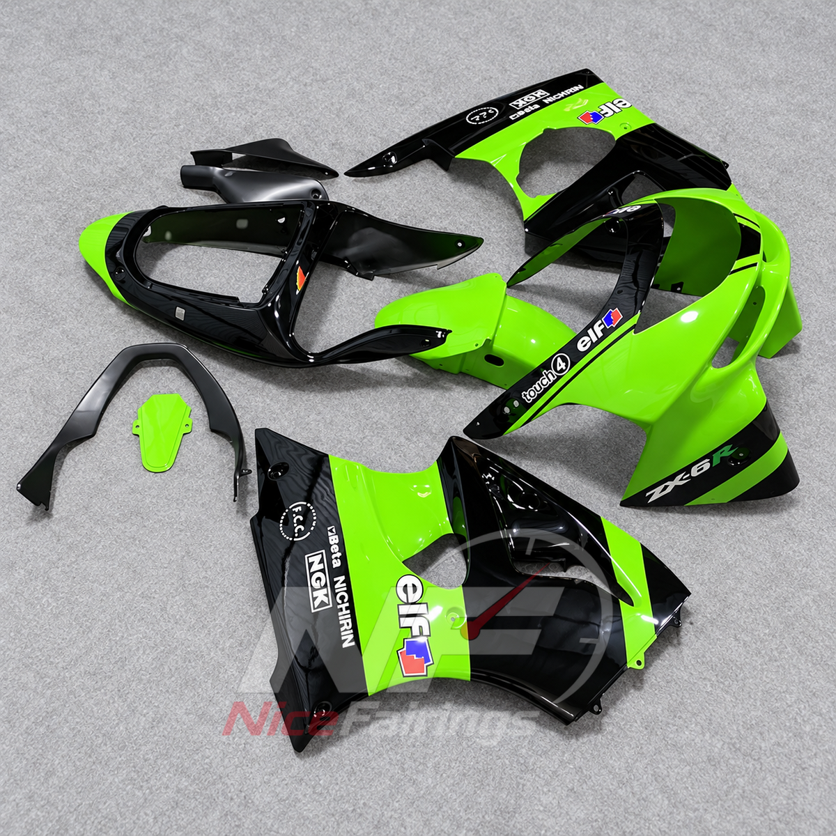 Kawasaki ZX6R 2000-2002 Lime green black line graphic - angled view