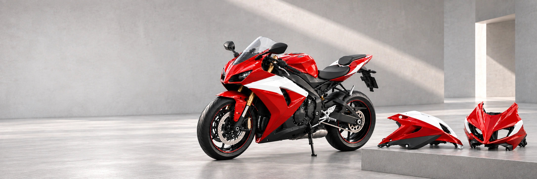 Red and white custom motorcycle fairings beside a matching sportbike in a light showroom.