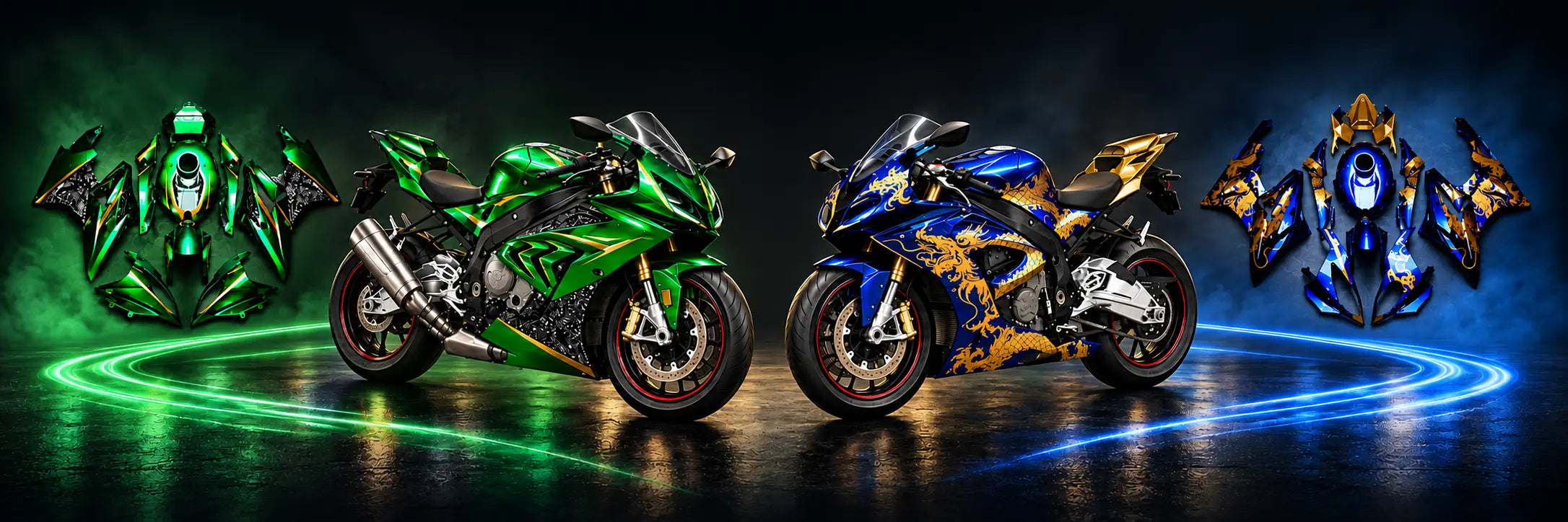Green and blue-gold custom fairing kits displayed beside motorcycles wearing the matching designs.