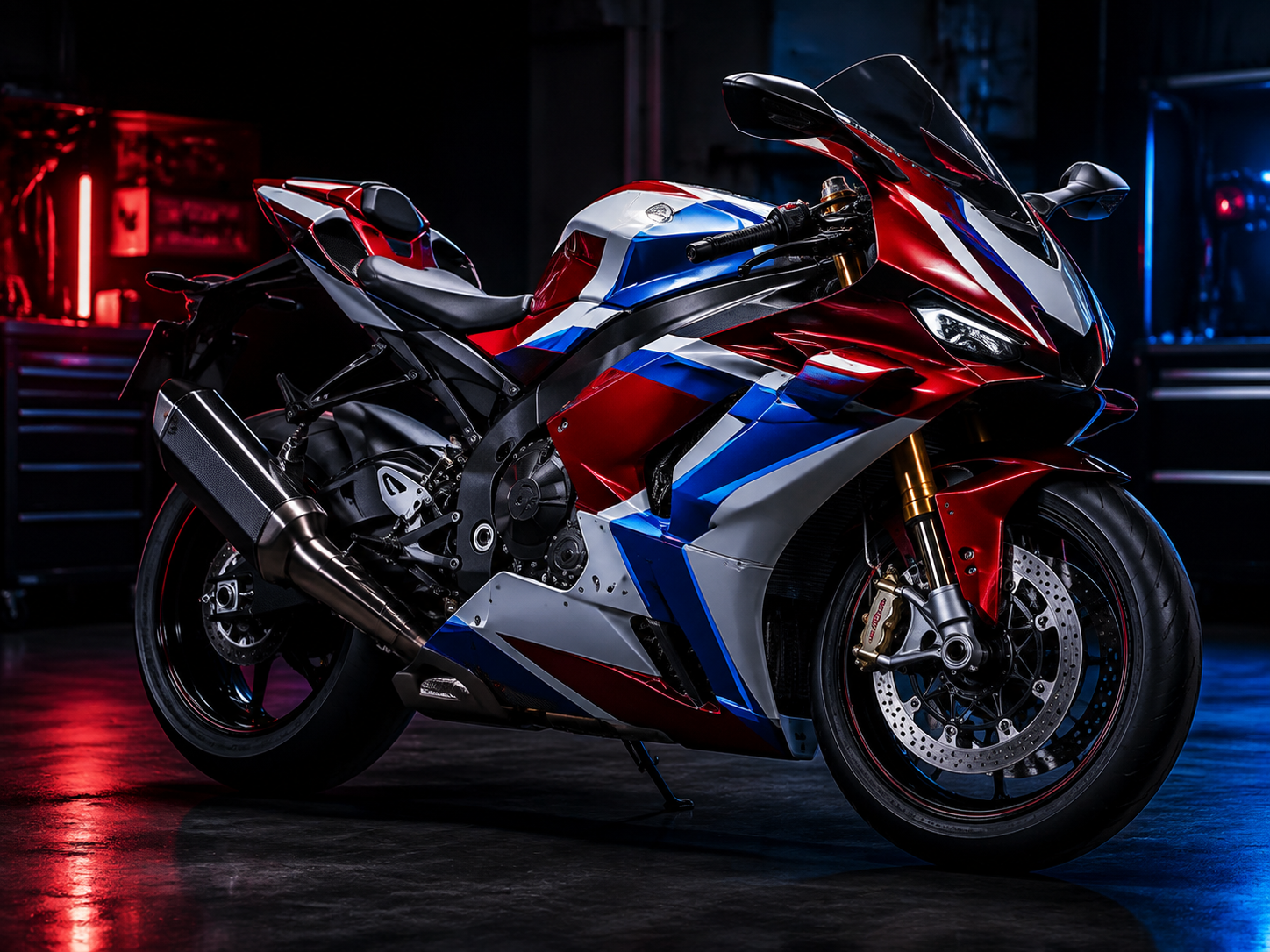 Custom painted red white and blue sport motorcycle fairings